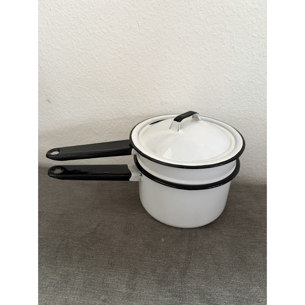 Vtg Enamelware White w/ Black Trim Double Boiler 3 Pc Pot Set Small